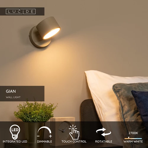 Lucide GIAN - Wall light - LED Dim. - 1x9W 2700K - Taupe - USP